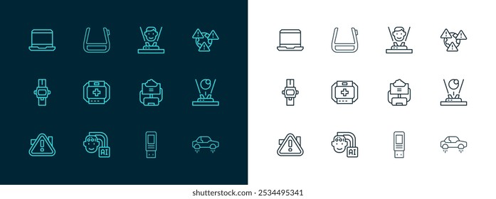 Establecer la línea de la Tierra con signo de exclamación, robot humanoide, base de datos en la nube, unidad flash USB, kit de primeros auxilios, holograma, computadora portátil y gafas inteligentes icono de gafas. Vector