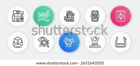 Set line Earth with exclamation mark, Energy drink, Cloud database, Hologram, Computer vision, Mechanical robot hand, Smart glasses spectacles and Eye scan icon. Vector