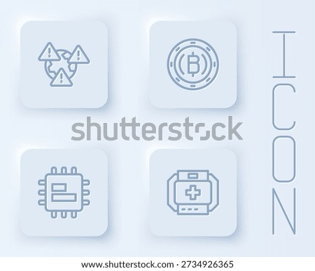 Set line Earth with exclamation mark, Cryptocurrency coin Bitcoin, Processor CPU and First aid kit. White square button. Vector