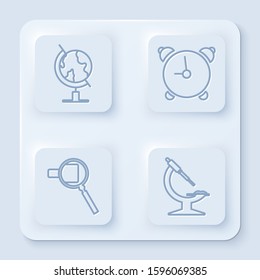 Set line Earth globe, Alarm clock, Magnifying glass and Microscope. White square button. Vector