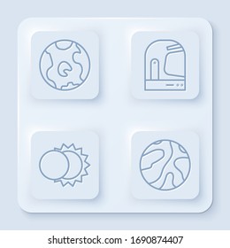 Set line Earth globe, Astronaut helmet, Eclipse of the sun and Falling stars. White square button. Vector