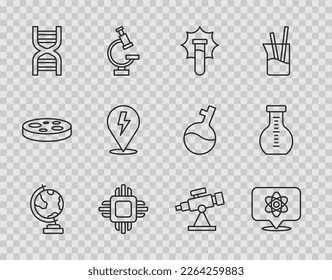 Set line Earth globe, Atom, Explosion in the flask, Processor CPU, DNA symbol, Lightning bolt, Telescope and Test tube icon. Vector