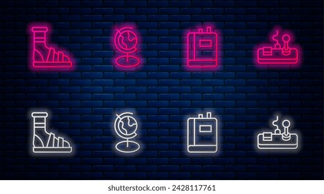 Set line Earth globe, Book, Slippers with socks and Gamepad. Glowing neon icon on brick wall. Vector