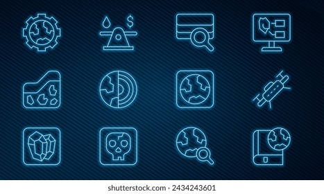 Set line Earth globe and book, Drone, Soil analysis, core structure crust, Ground, Gear wheels earth,  and Oil money icon. Vector