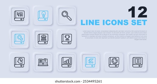 Set line Earth globe and book, Book, Law, about ecology, women, Open, User manual and Financial icon. Vector