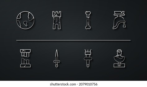 Set line Earth globe, Broken ancient column, Roman army helmet, Torch flame, Dagger, Castle tower, Ancient bust sculpture and Human broken bone icon. Vector