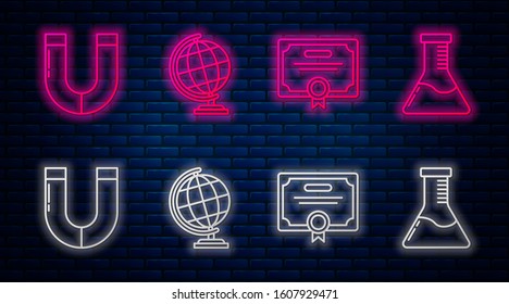 Set line Earth globe, Certificate template, Magnet and Test tube and flask chemical laboratory. Glowing neon icon on brick wall. Vector
