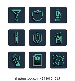 Set line Earth globe, Chemistry report, Molecule, Microscope, Magnet, Test tube, Funnel filter and Laboratory glassware icon. Vector