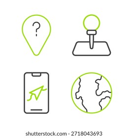 Set line Earth globe, City map navigation, Push pin and Unknown route point icon. Vector