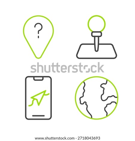 Set line Earth globe, City map navigation, Push pin and Unknown route point icon. Vector