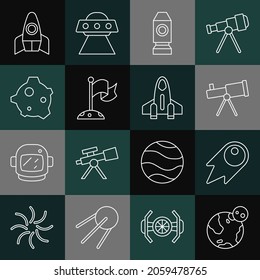 Set line Earth globe, Comet falling down fast, Telescope, Rocket ship, Moon with flag, Asteroid,  and  icon. Vector