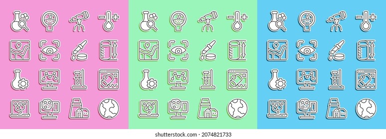 Set Line Earth Globe, Data Visualisation, Height Geometrical Figure, Telescope, Eye Scan, Graph Chart Infographic, Test Tube And Pipette Icon. Vector