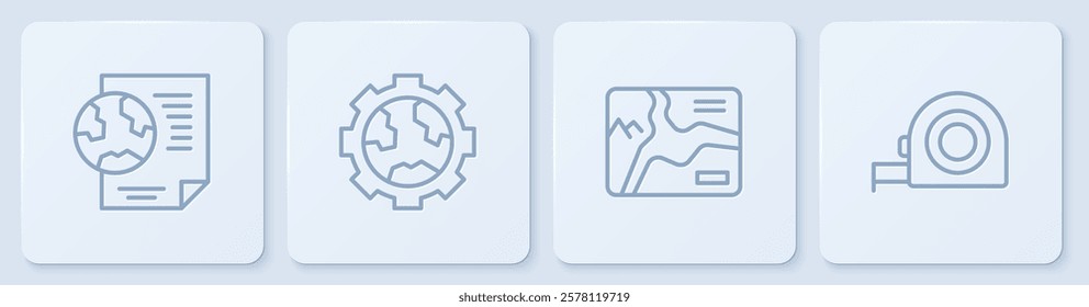 Set line Earth globe with document, Topographic map, Gear wheels and earth and Roulette construction. White square button. Vector