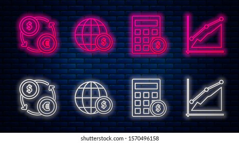 Set line Earth globe with dollar symbol, Calculator with dollar symbol, Money exchange and Pie chart infographic. Glowing neon icon on brick wall. Vector