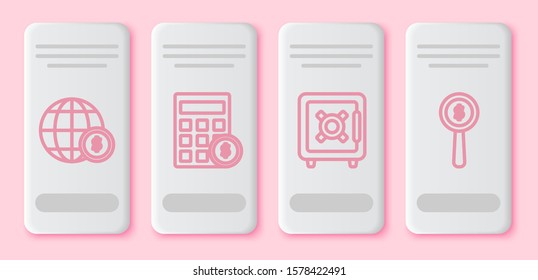 Set line Earth globe with dollar symbol, Calculator with dollar symbol, Safe and Magnifying glass and dollar symbol. White rectangle button. Vector