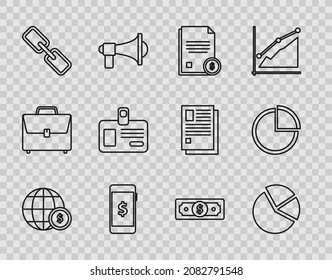 Set line Earth globe with dollar symbol, Pie chart infographic, Finance document, Smartphone, Chain link, Identification badge, Stacks paper money cash and  icon. Vector