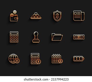 Set line Earth globe with dollar symbol, Calculator, Wallet coins, Financial calendar, Battery charge level indicator, Stamp, Stacks paper money cash and Document folder icon. Vector