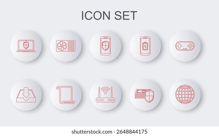 Set line Earth globe, Download inbox, Smartphone with shield, Money protection, Laptop, Air conditioner, Paper scroll and Router and wi-fi icon. Vector