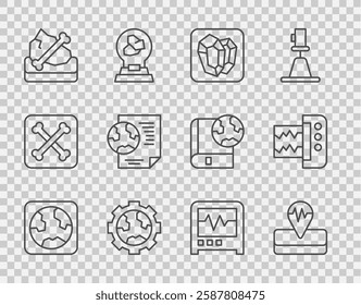 Set line Earth globe, Earthquake, Gem stone, Gear wheels and earth, Archeology, with document, Seismograph and  icon. Vector