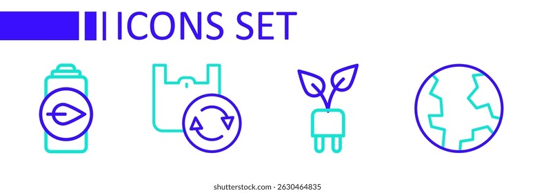 Set line Earth globe, Electric saving plug in leaf, Shopping bag with recycle and Eco nature battery icon. Vector
