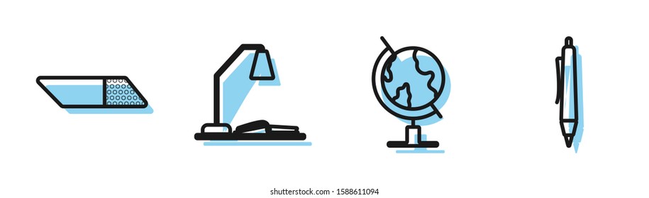 Set line Earth globe, Eraser or rubber, Workplace with table lamp and open book and Pen icon. Vector