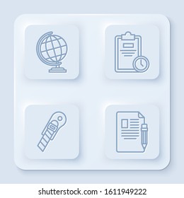 Set line Earth globe, Exam sheet with clock, Stationery knife and Exam sheet and pencil with eraser. White square button. Vector