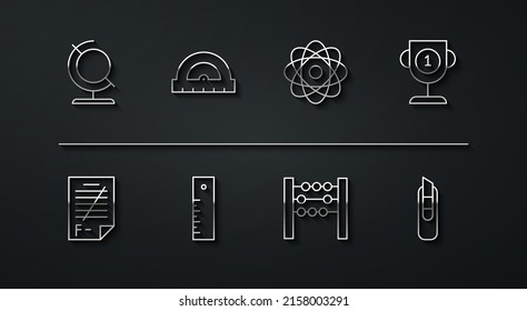 Set line Earth globe, Exam paper with incorrect answers, Award cup, Abacus, Ruler, Protractor, Stationery knife and Atom icon. Vector