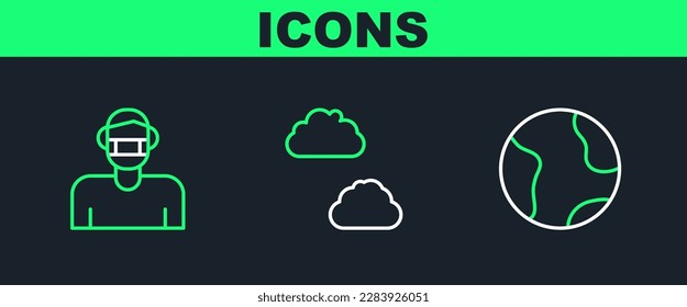 Set line Earth globe, Face in protective mask and Cloud icon. Vector