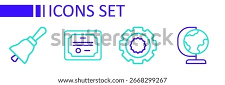 Set line Earth globe, Gear, Certificate template and Ringing bell icon. Vector