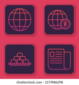 Set line Earth globe, Gold bars, Earth globe with dollar symbol and File document. Blue square button. Vector