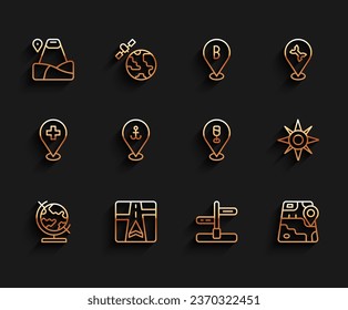 Set line Earth globe, Gps device with map, Location mountain, Road traffic sign, City navigation, anchor, Wind rose and Alcohol beer bar location icon. Vector