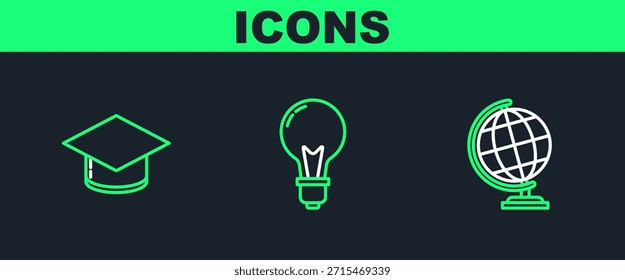 Fije el globo de la tierra, el casquillo de la graduación y la bombilla con el concepto del icono de la idea. Vector