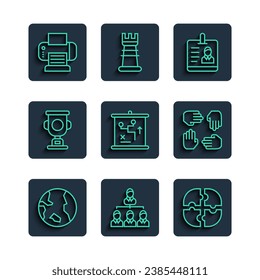 Set line Earth globe, Hierarchy organogram chart, Piece of puzzle, Identification badge, Planning strategy concept, Award cup, Printer and Project team base icon. Vector