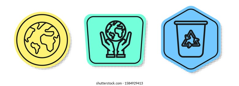 Set line Earth globe, Human hands holding Earth globe and Recycle bin with recycle symbol. Colored shapes. Vector