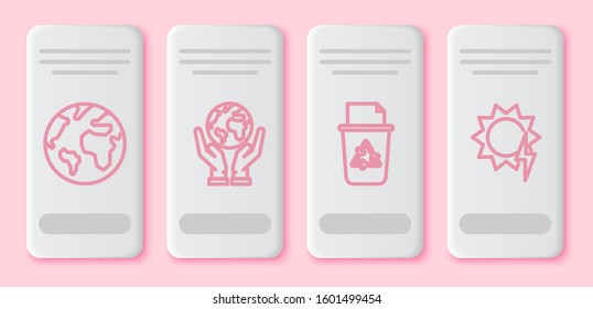 Set line Earth globe, Human hands holding Earth globe, Recycle bin with recycle symbol and Solar energy panel. White rectangle button. Vector