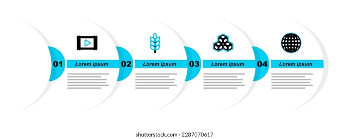 Set line Earth globe, Isometric cube, Lightning bolt and Movie clapper icon. Vector