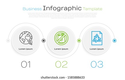 Set line Earth globe and leaf, No canister for gasoline and Paper with recycle. Business infographic template. Vector