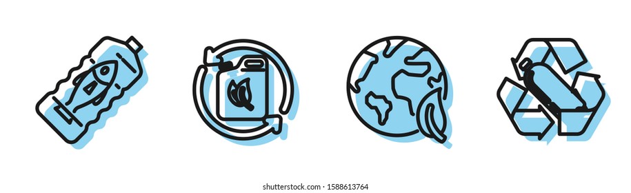 Set line Earth globe and leaf, Stop ocean plastic pollution, Bio fuel canister and Recycling plastic bottle icon. Vector