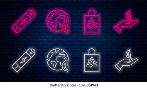 Set line Earth globe and leaf, Plastic bag with recycle, Battery and Sprout in hand of environmental protection. Glowing neon icon on brick wall. Vector