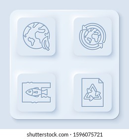 Set line Earth globe and leaf, Planet earth and a recycling, Stop ocean plastic pollution and Paper with recycle. White square button. Vector