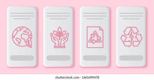Set line Earth globe and leaf, Plant in hand of environmental protection, Paper with recycle and Battery with recycle symbol. White rectangle button. Vector
