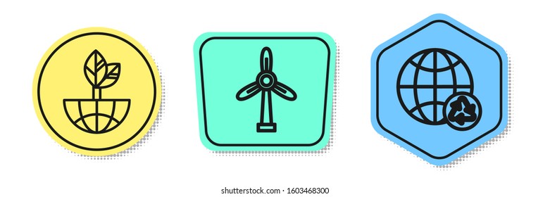 Set line Earth globe and leaf, Wind turbine and Planet earth and a recycling. Colored shapes. Vector