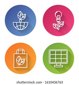 Set line Earth globe and leaf, Light bulb with leaf, Paper shopping bag with recycle and Solar energy panel. Color circle button. Vector
