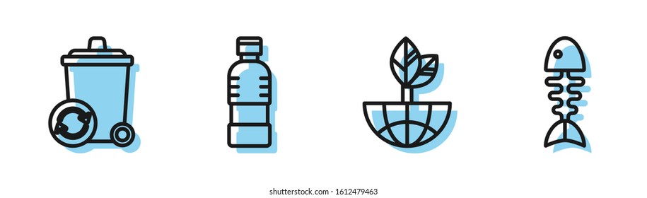 Set line Earth globe and leaf, Recycle bin with recycle symbol, Bottle of water and Fish skeleton icon. Vector