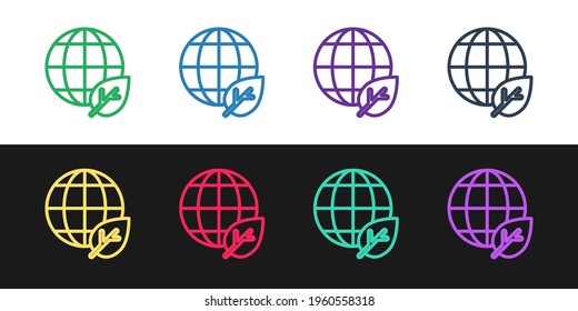 Set line Earth globe and leaf icon isolated on black and white background. World or Earth sign. Geometric shapes. Environmental concept. Vector