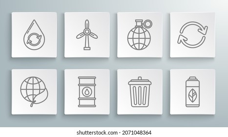 Fijar la línea Tierra globo y hoja, turbina eólica, línea de barril de petróleo, lata de basura, botella de plástico reciclada, reciclaje de planetas, Refrescar y reciclar un icono acuático limpio. Vector