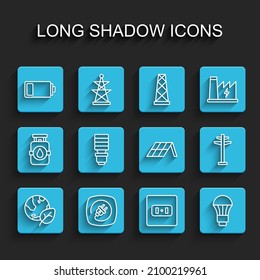 Set line Earth globe and leaf, Electric plug, Battery, Electrical outlet, LED light bulb, tower and Solar energy panel icon. Vector