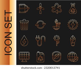 Fijar la línea Tierra globo y hoja, Bombilla con, panel de energía solar, símbolo de reciclaje, Refrescar, Bastón de basura, barril de combustible ecológico e icono de planta. Vector