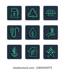Set line Earth globe and leaf, Eco friendly house, Electric tower, Solar energy panel, Water, plug, car charging station and Plant hand icon. Vector
