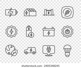 Set line Earth globe and leaf, LED light bulb, Hydroelectric dam, Electric car, Battery, plug and Power button icon. Vector